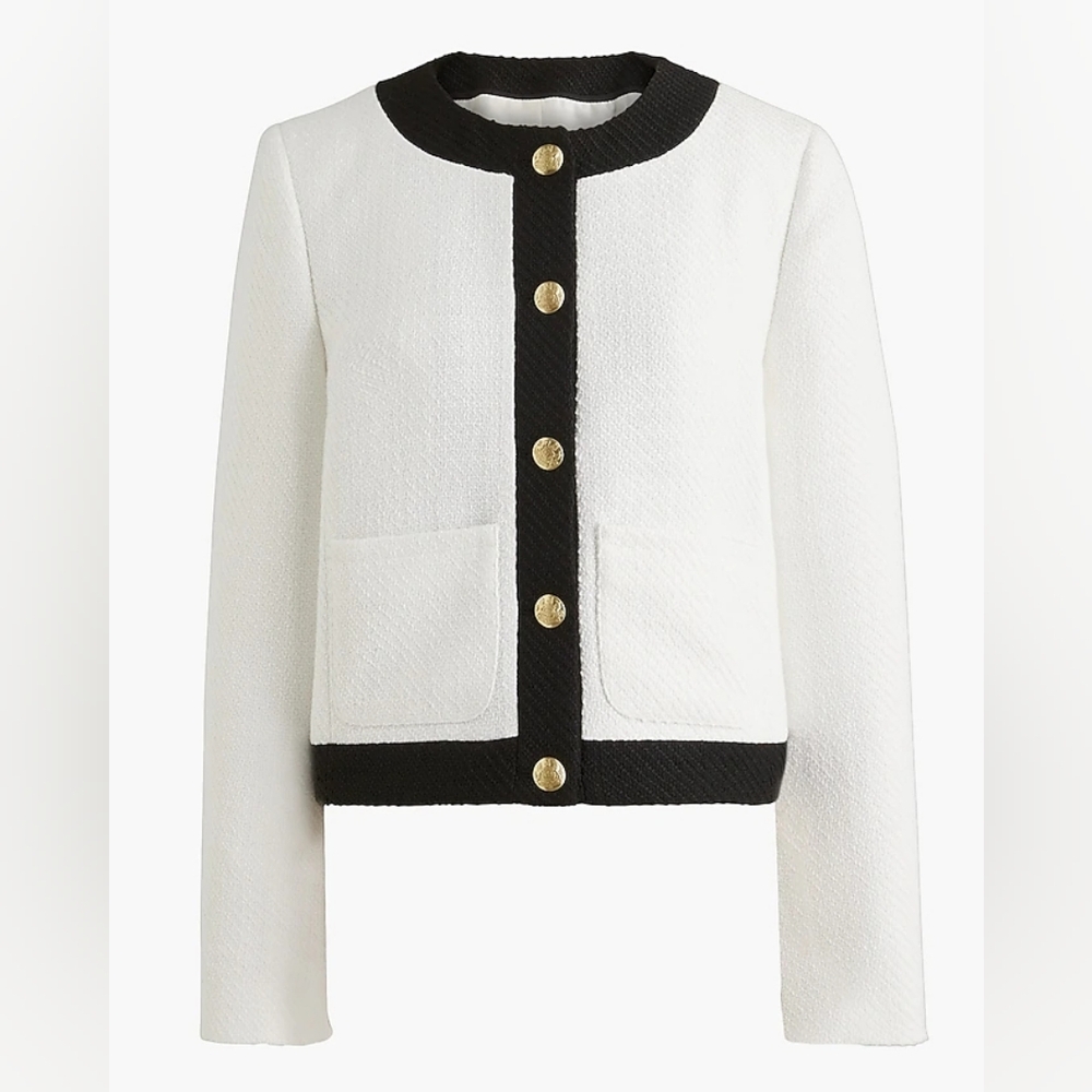 J Crew Tweed Lady Jacket Womens 8 Black White Colorblock Cropped Gold Buttons